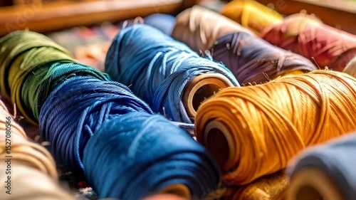 Close-up display of vibrantly colored threads wound on bobbins, showcasing an assortment of hues for sewing projects.