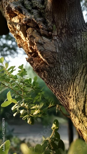 Rough tree bark with a branch of green leaves bathed in warm sunlight in a natural setting, creating a serene nature scene.