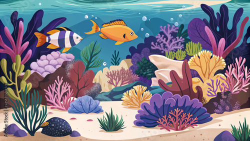Vector illustration of an underwater reef scene with colorful corals and tropical fish ideal for marine themes, biodiversity projects, and ocean education designs