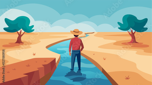 A lone farmer standing in the middle of a depleted canal staring at the barren land surrounding him.. Vector illustration