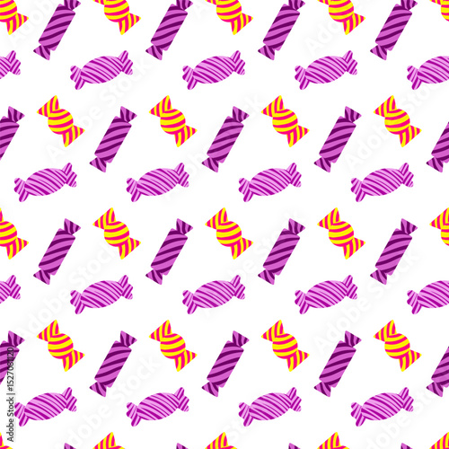 Wrapped striped Candy in seamless pattern. Bright doodle caramel with purple, yellow and red wrapping. Ideal for Candy themes in Valentine, Easter, Christmas, Halloween. Fun Candy repeat background.
