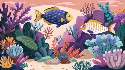 Vector illustration of an underwater reef scene with colorful corals and tropical fish ideal for marine themes, biodiversity projects, and ocean education designs