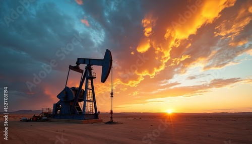 Oil pump jack working in desert at sunset. Oil well with dramatic clouds. Oil and gas industry concept. Energy extraction equipment in operation. Sunset sky background.