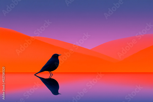 Bird Silhouette Reflection with Purple and Orange Hills