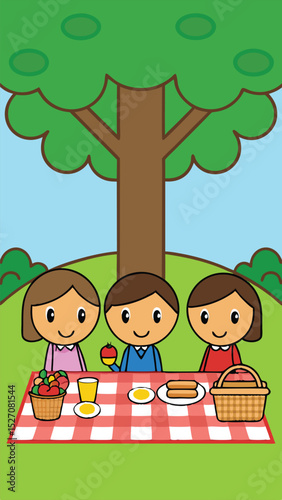 Cartoon illustration of a family enjoying a picnic in the park with transparent background