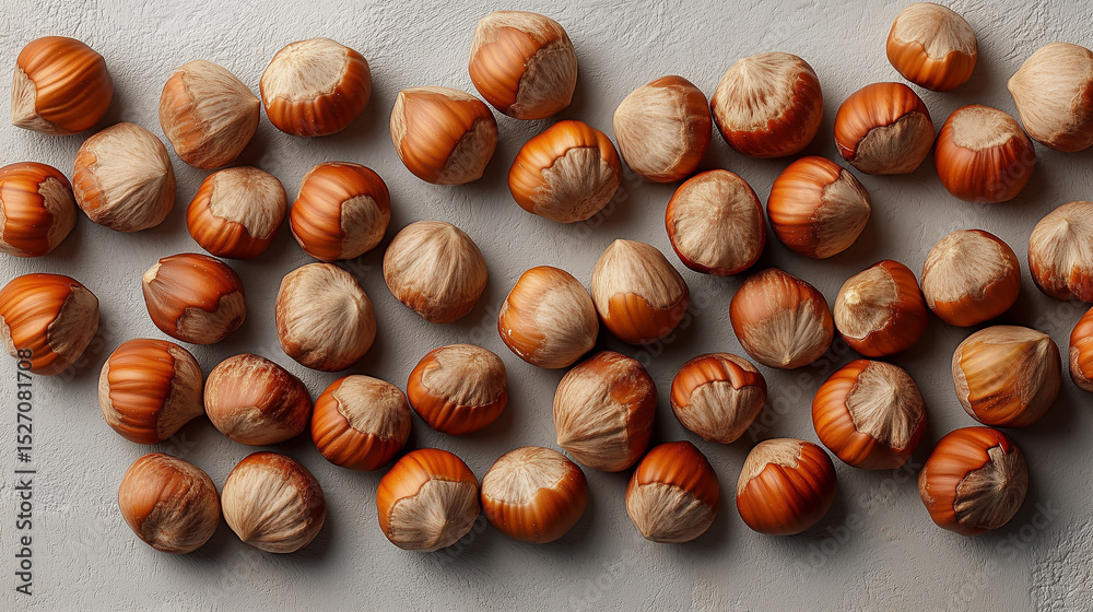 Obraz premium Hazelnuts arranged on a textured surface showcasing their rich colors and unique shapes in soft natural light