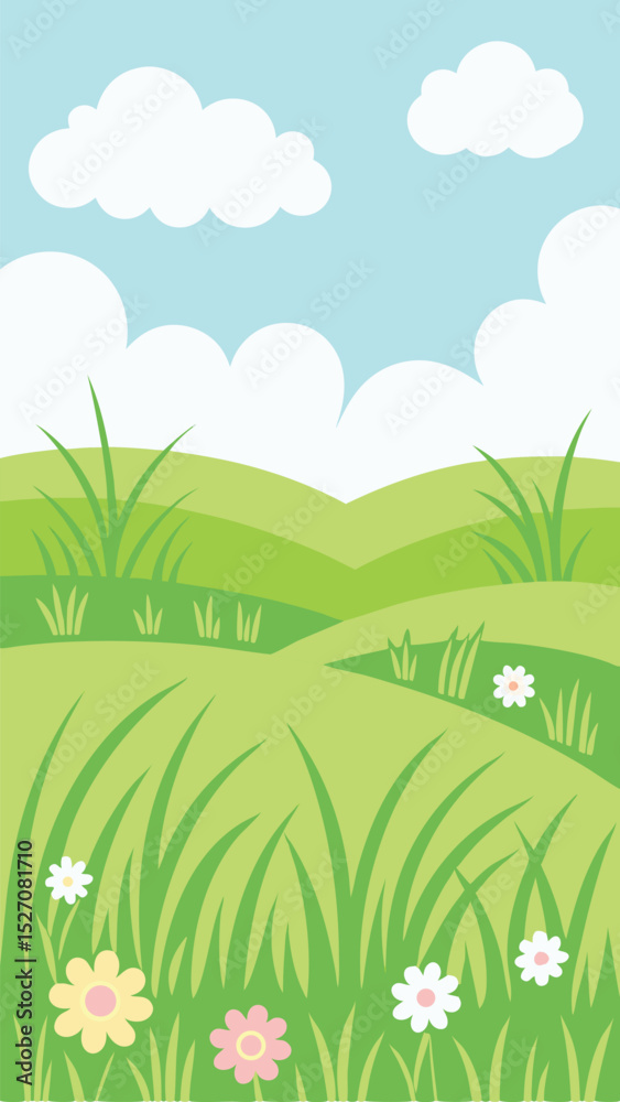 Obraz premium Cartoon illustration of a lush green meadow with blooming flowers and cloudy sky