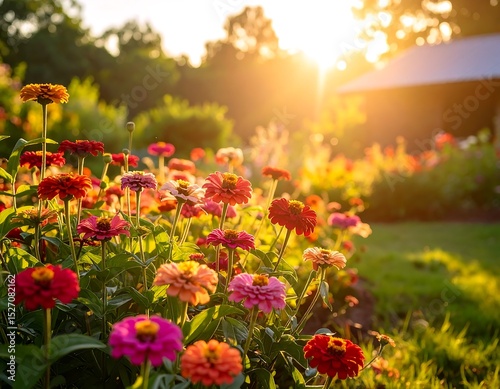 Vibrant flower garden at sunset