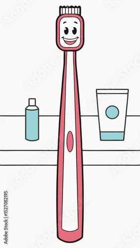 Cartoon smiling toothbrush and dental hygiene essentials on a clean white background