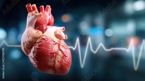 Close-up view of a realistic human heart model set against a blurred background featuring a digital heartbeat line, highlighting the importance of anatomy in medical teaching and research.