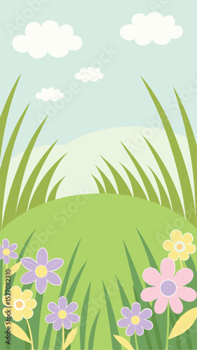 Cartoon spring landscape with flowers clouds and green grass against sky