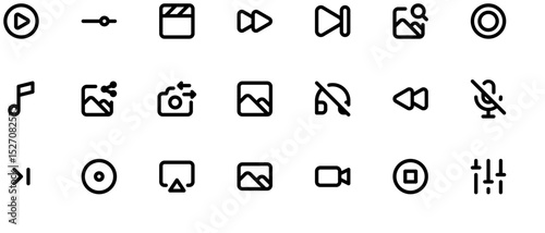 Monochromatic video editing icons set with play buttons, film frames, sound waves, and media elements on white background