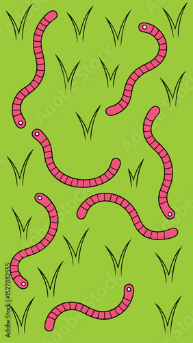 Cartoon worms and grass illustration with transparency perfect for various design projects