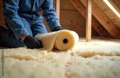 Worker installs thermal insulation in house attic with glass wool. Heat, energy saving house improvement work. Hands in gloves install material for warmer home interior. Insulation of roof.