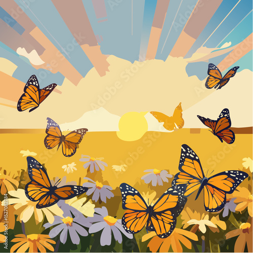 Butterfly Migration – Swirling mass of monarchs over open meadow, sun rays filtering through wings.
