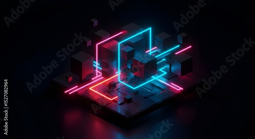 Futuristic 3D cube with neon glowing lines and circuit elements on dark background in cyberpunk style