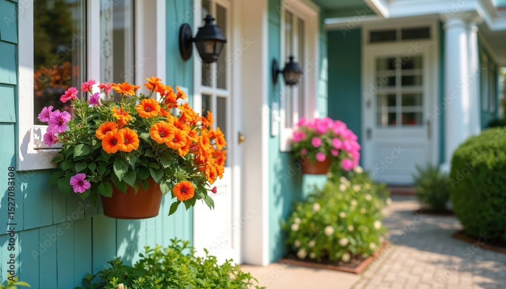 Fototapeta premium Exterior photo of white historic house with white door, colorful blooming flowers, garden plants. Green trim around the house, front yard with bushes. Summertime, sunny day.