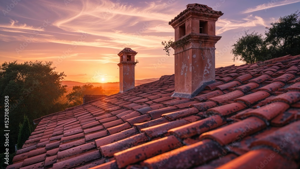 Naklejka premium The setting sun paints the sky over an old rooftop with chimneys, in a beautiful landscape.
