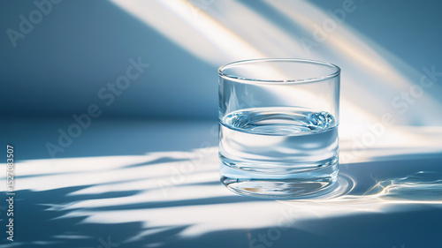 Glass of water in sunlight with shadows.  Free copy space