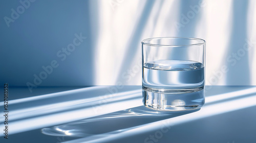 Glass of water in sunlight with shadows.  Free copy space