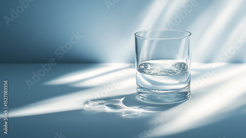 Glass of water in sunlight with shadows.  Free copy space