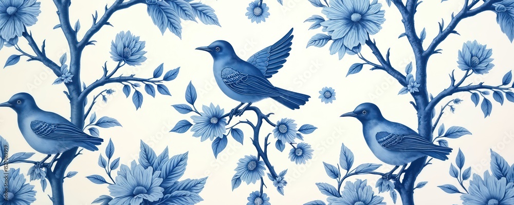 Fototapeta premium Blue French toile fabric texture. Repeating bird, branch motif set against solid white background. Classic vintage design. Perfect for interior decor. Pattern repeats on textile, paper.