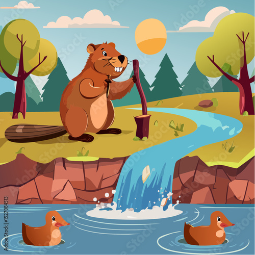 Beavers Building a Dam – Detailed stick and mud construction, rippling pond, ducks nearby.
