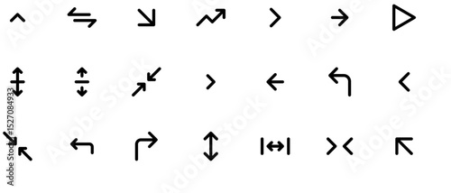 Minimalist thick short sharp arrows in ancient rune style, each with unique shape and dot accents, isolated on white background.