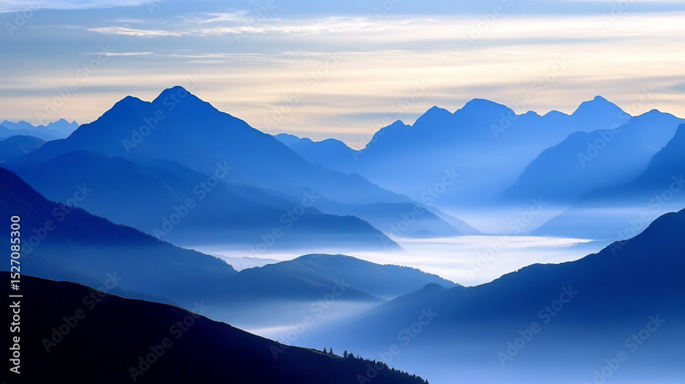 Fototapeta premium Misty blue mountain peaks, sea of clouds, natural scenery