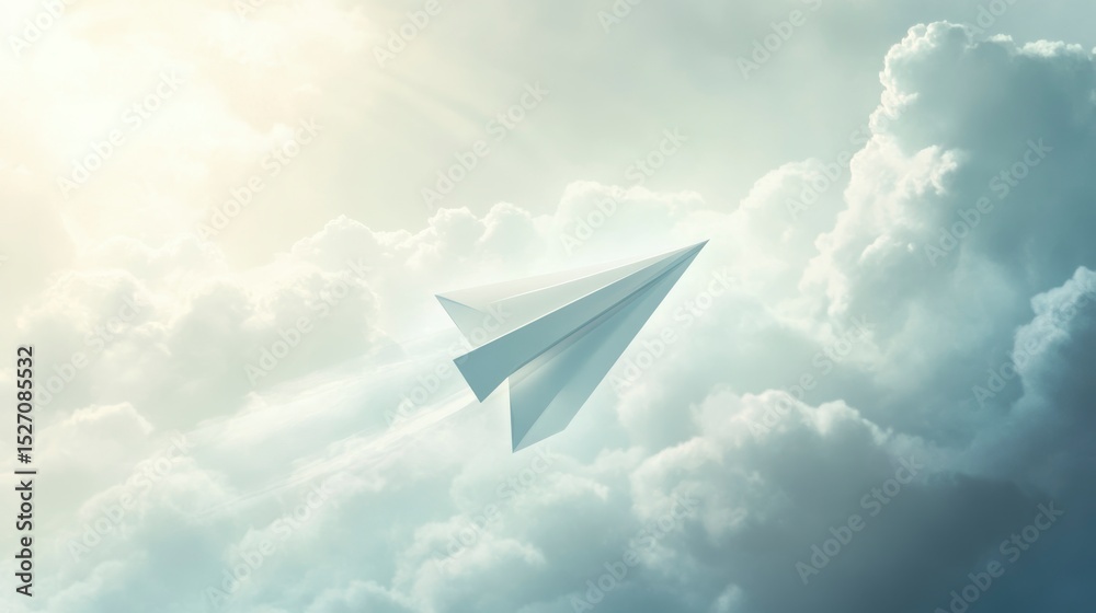 Fototapeta premium Paper airplane soaring amidst fluffy clouds, bathed in sunlight.