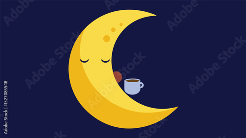 Cute silhouette of a sleepy crescent moon enjoying a cup of coffee against dark blue