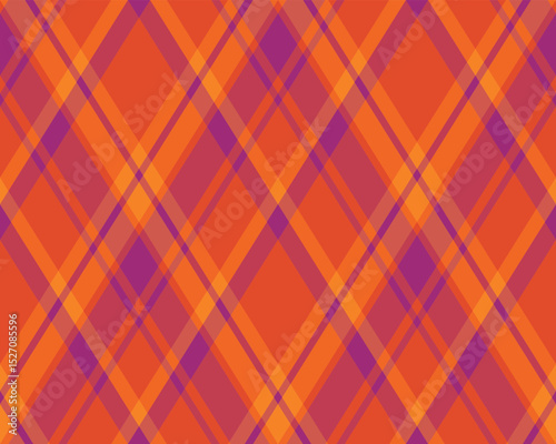 Vibrant diagonal plaid pattern in sunset orange and purple hues.  Perfect for autumnal designs, fall fashion, textile prints, or festive backgrounds.