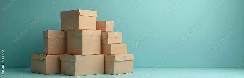 Stack of cardboard boxes against light blue background. E-commerce delivery concept. Retail industry merchandise package shipping boxes. Cardboard boxes in a warehouse or store. Stack of cardboard boxes against light blue background. E-commerce delivery concept. Retail industry merchandise package shipping boxes. Cardboard boxes in a warehouse or store.