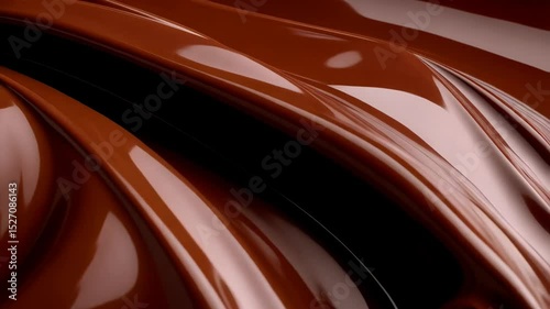 Smooth chocolate swirl, rich brown texture with gloss highlights creating abstract fluid design, delicious melt flowing pattern, shiny background