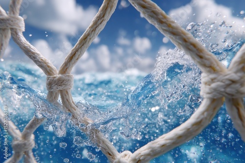 Bright sunlight illuminates water as it crashes against a net, capturing the lively energy of the ocean in a coastal environment during the afternoon hours.