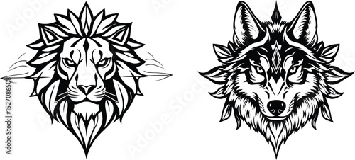 Minimalist geometric lion head silhouette neotraditional tattoo design isolated on white background