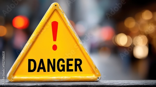 A bright yellow warning sign with a red exclamation mark occupies the foreground, signaling danger to onlookers.