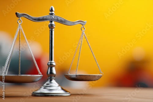 Balancing scales sit on a wooden surface against a bright yellow backdrop, representing justice and law.