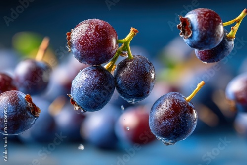 Blueberries are splashing with water droplets against a deep blue backdrop, emphasizing their vibrant colors and freshness, perfect for health-conscious consumers or culinary presentations.