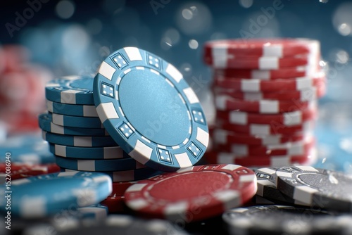 Brightly colored poker chips are stacked in an organized manner, capturing the energy of a lively casino atmosphere. The scene is enhanced by soft lighting effects creating a dynamic feel.