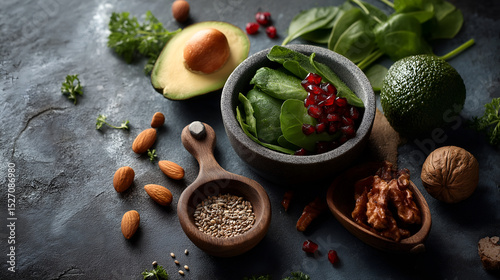Top view of healthy food ingredients including avocado, leafy greens, seeds, nuts and fruits on a dark stone background, rustic style