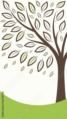 Elegant simple tree illustration with falling leaves nature and green color scheme