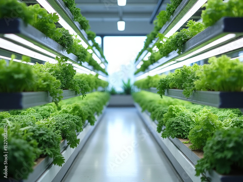 Vertical farm inside a modern greenhouse, vegetables growing on LED-lit shelves