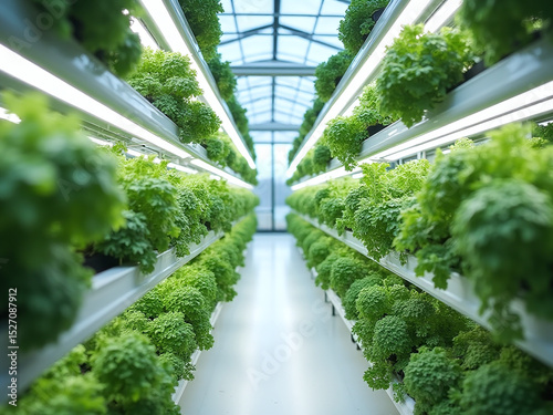 Vertical farm inside a modern greenhouse, vegetables growing on LED-lit shelves