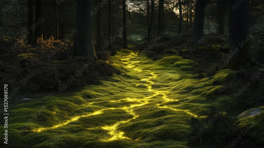 Fototapeta premium Mystical forest path illuminated with glowing moss, a magical woodland scene