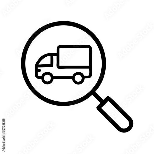 Magnifying glass focusing on a delivery truck icon in outline style  