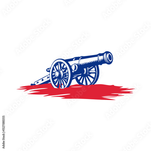 Historical cannon illustration in blue and red colors 