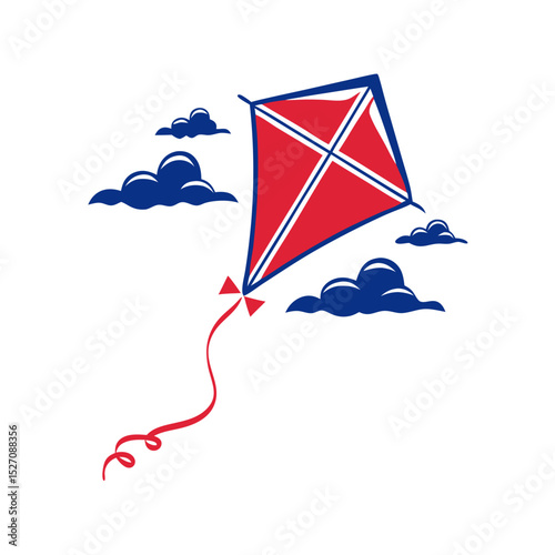 Colorful kite flying among fluffy clouds in a blue sky  