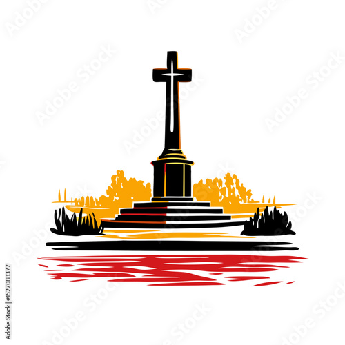 Monument with cross designed in modern style against a sunset background  