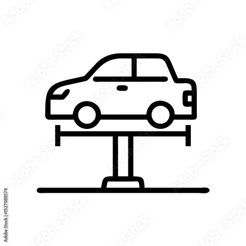 Car lifted on service hoist in automotive workshop setting, icon, vector  